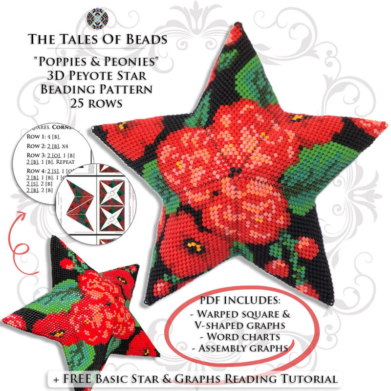 Collage image featuring different sides of the Poppies & Peonies Peyote Star with beading pattern extracts