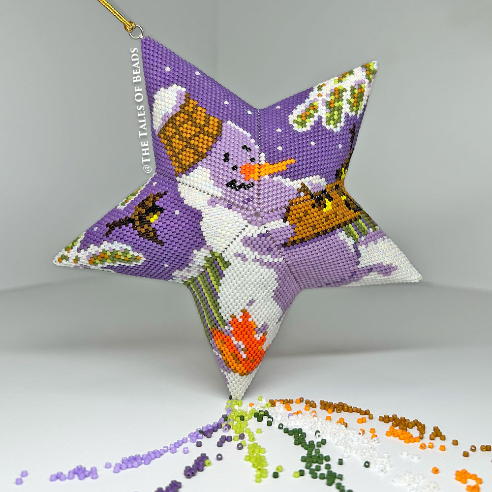 Snowman peyote star ornament with Miyuki Delica seed beads it was made of