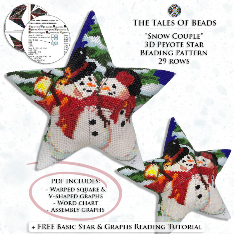 star-beading-pattern-snowmen Collage image featuring different sides of the Snow Couple Peyote Star with beading pattern extracts