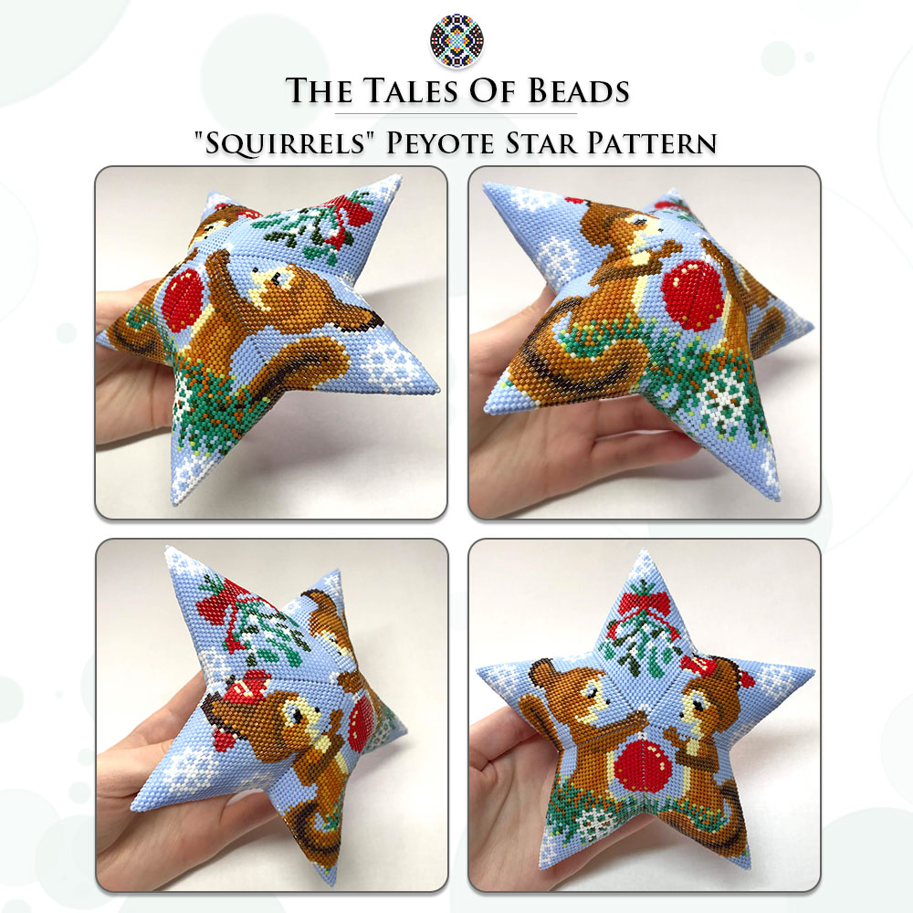 different sides of a peyote star with squirrels held in hand for scale