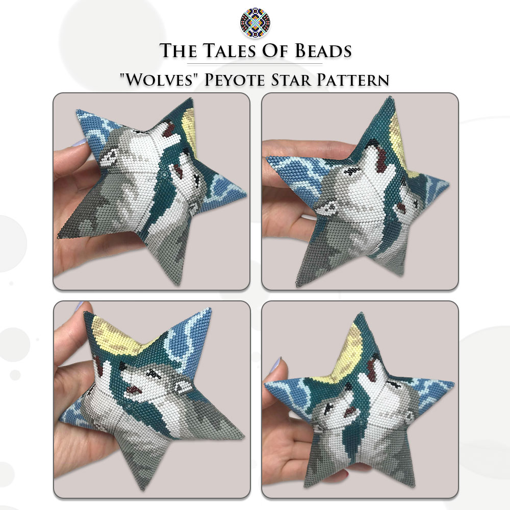 different sides of a peyote star with wolves held in hand for scale