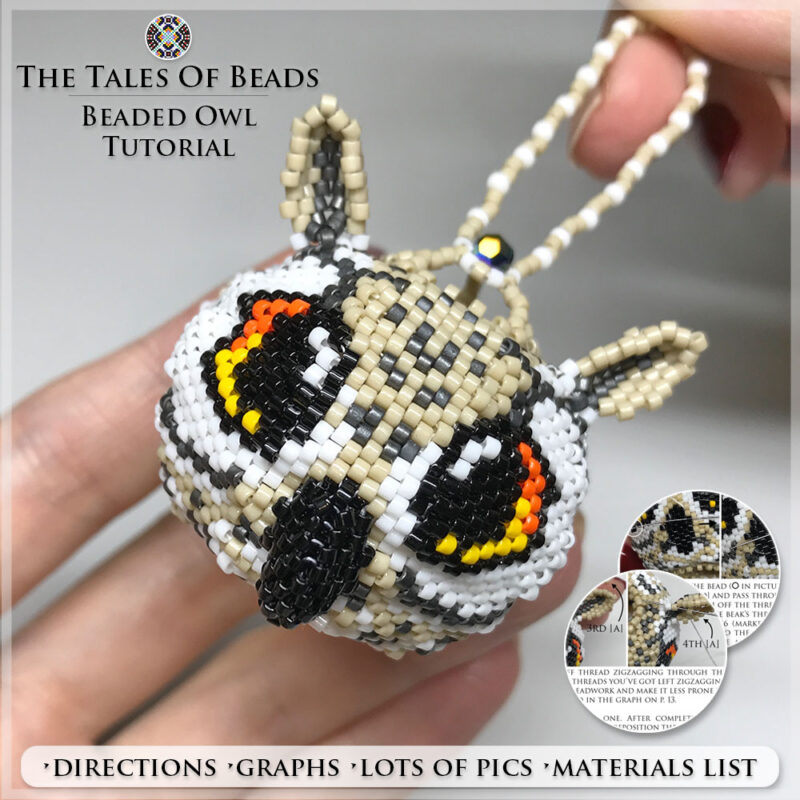 owl-bead-pattern Beaded Owl figure held in hand to show size scale with bead tutorial extracts