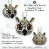 A collage image showing different sides of the beaded owl ornament and PDF tutorial details