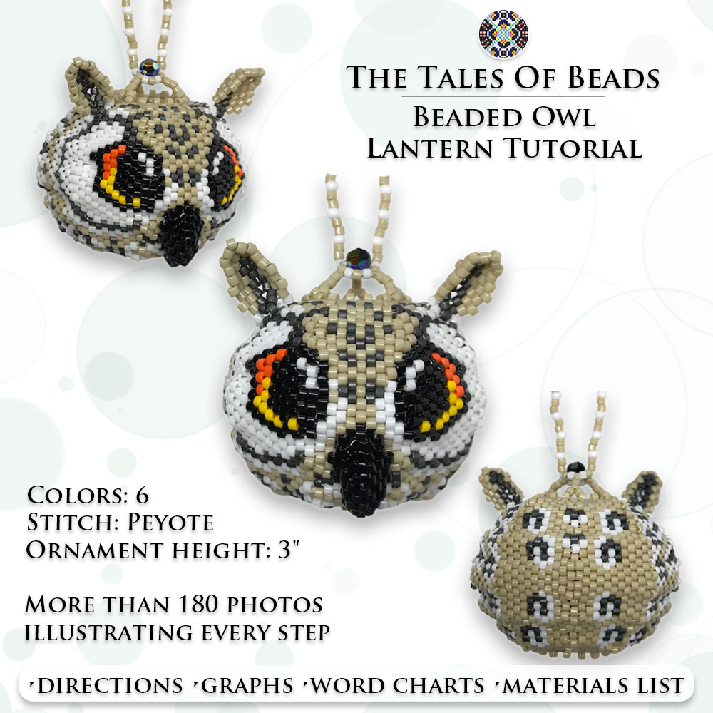 A collage image showing different sides of the beaded owl ornament and PDF tutorial details