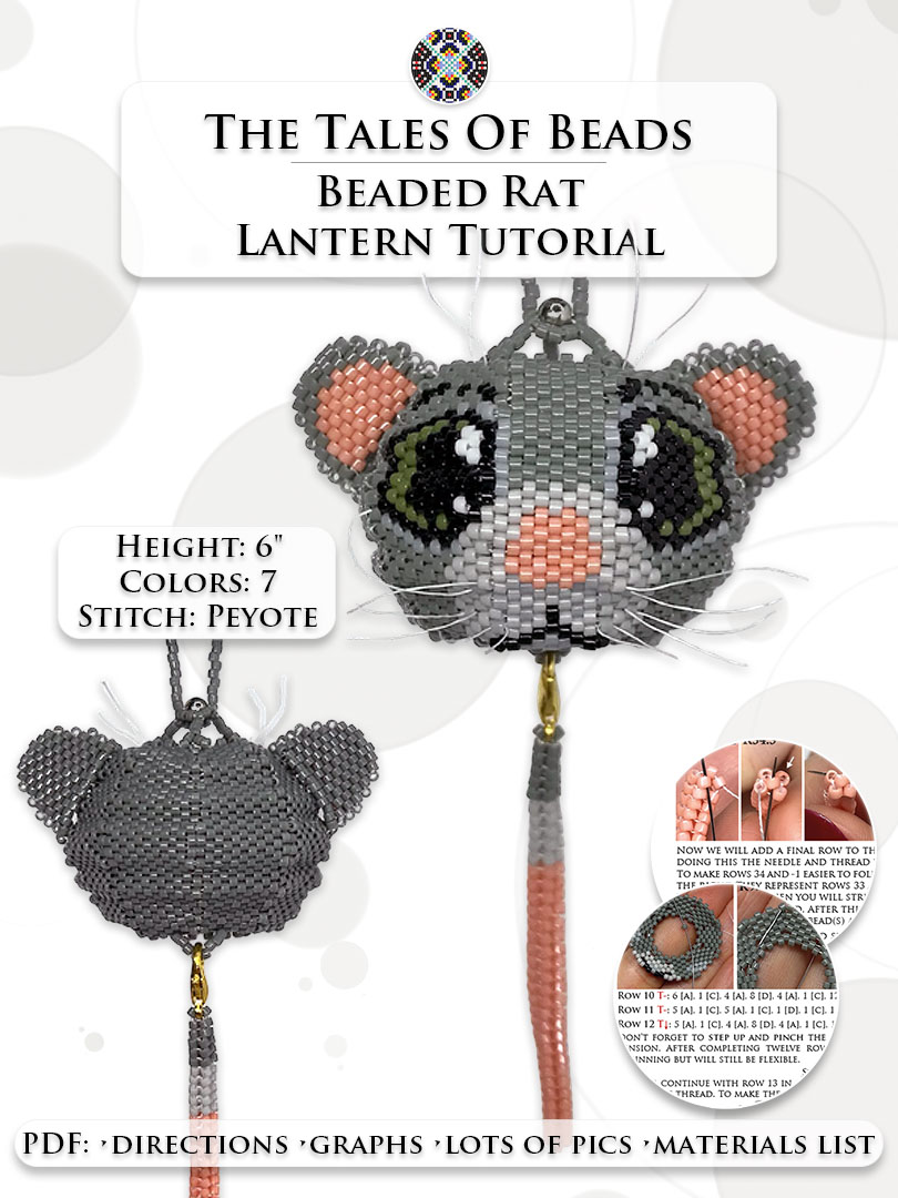 A collage image of finished DIY rat ornament made out of seed beads and beading tutorial extracts