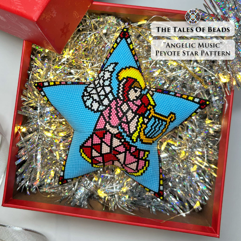 Harp-playing angel featured on a handmade beaded star in a gift box