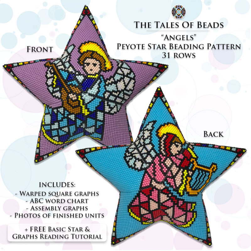 Two sides of the Angels peyote star showcasing angels playing musical instruments