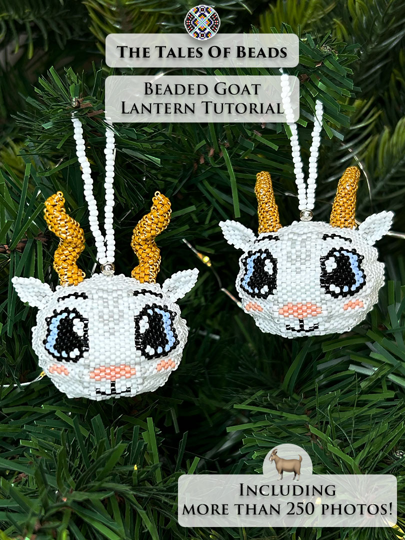Vertical image of a seed bead goats ornaments used as Christmas tree decorations