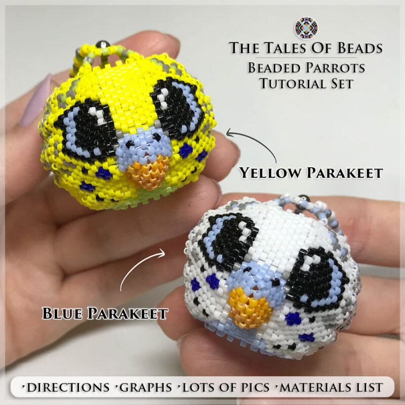 beaded-animals-patterns-parakeets A picture of two Beaded Parakeets held in hand to show size scale