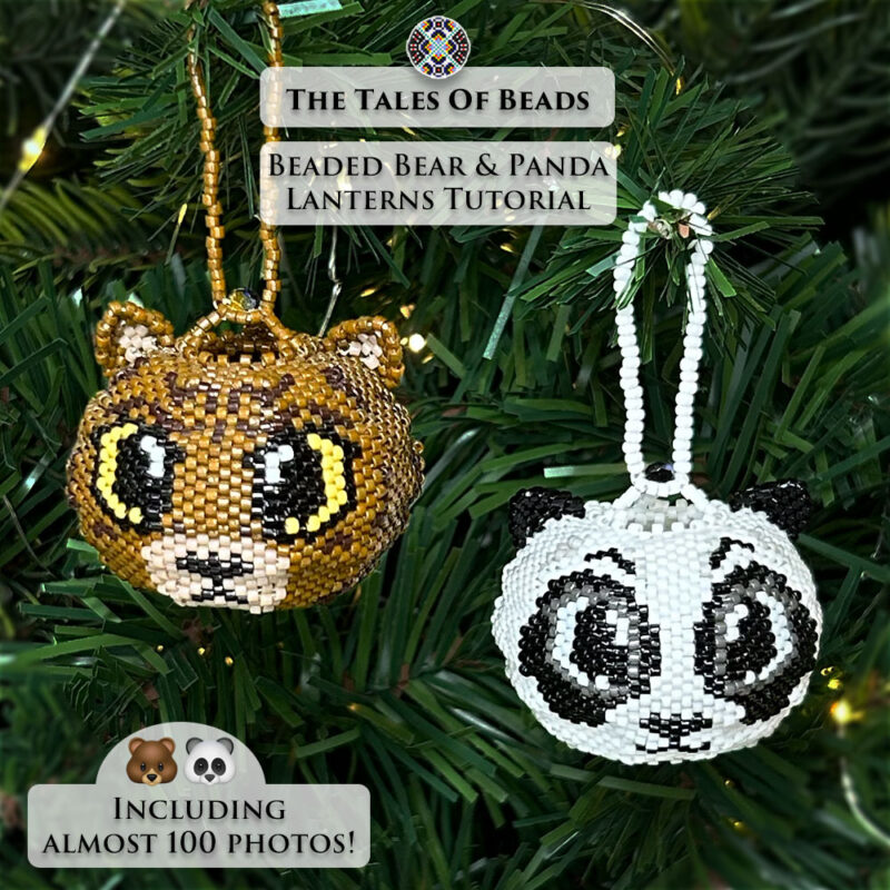 Bear and panda seed bead animals side-by-side on a Christmas tree