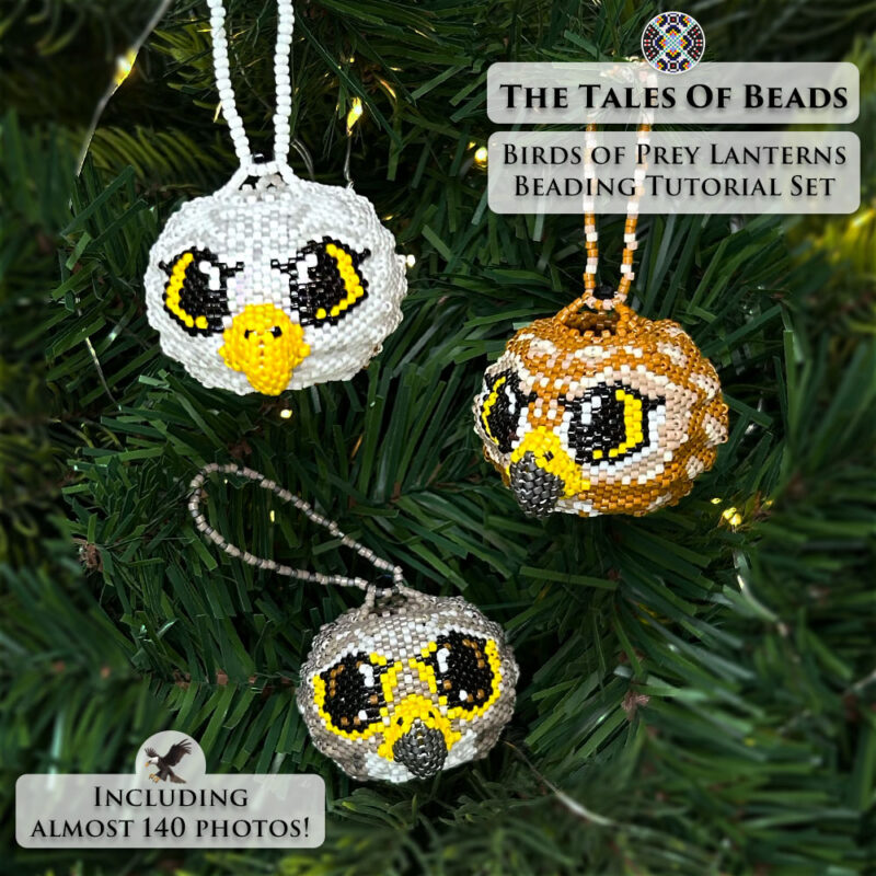 Eagle, Hawk and Falcon seed bead birds side-by-side on a Christmas tree