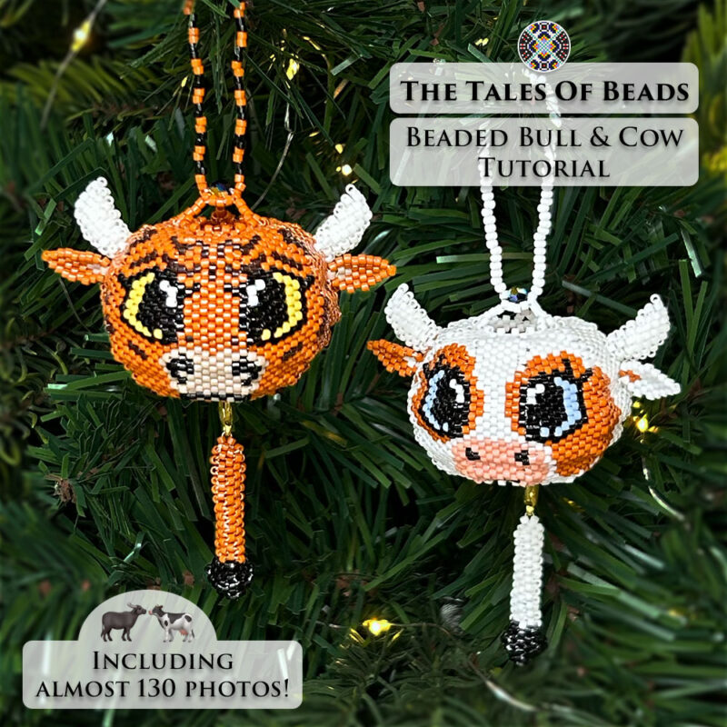 Bull and Cow seed bead animals hanging side by side on a Christmas tree