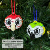 Colorful tropical parrot ornaments made with Miyuki Delica beads displayed on a Christmas tree