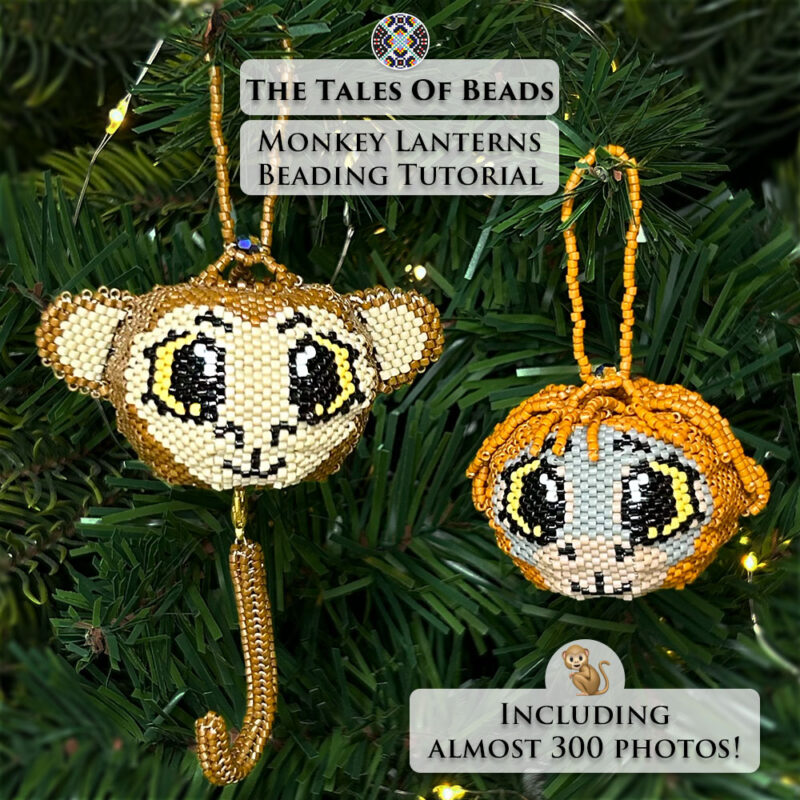 A square image of a seed bead monkeys used as Christmas ornaments