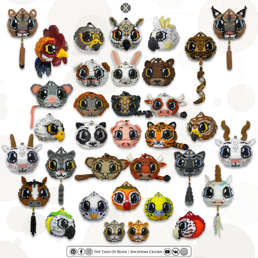 A collage image of a collection of 34 beaded animals