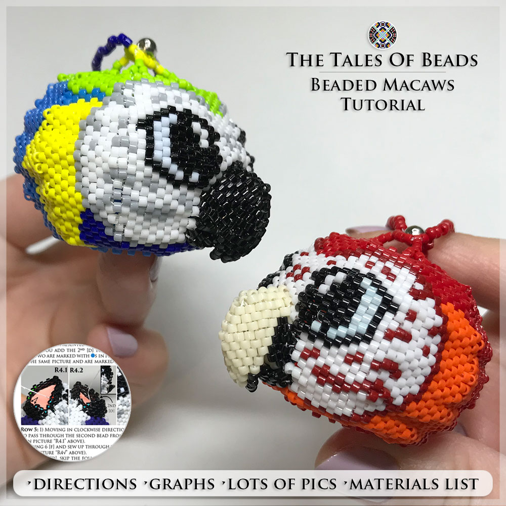 Blue and Gold Macaw seed bead ornament made with Miyuki Delica 11/0 beads held side by side