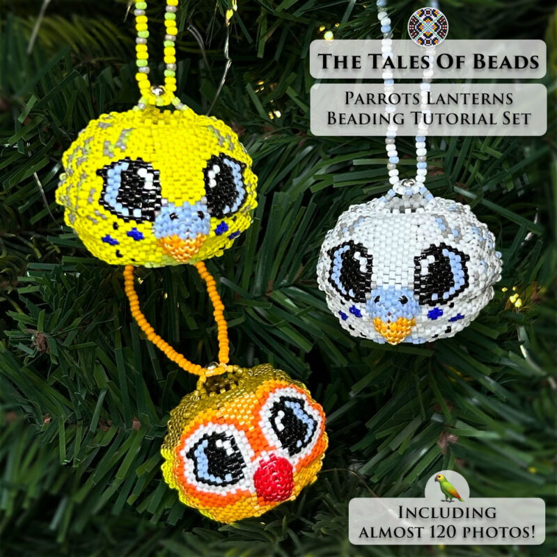 Parakeets and lovebird seed bead birds side-by-side on a Christmas tree