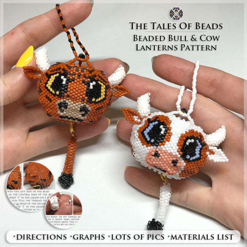 beaded-bull-tutorial Beaded Cow and Bull figures held in hands to show size scale with bead tutorial extracts