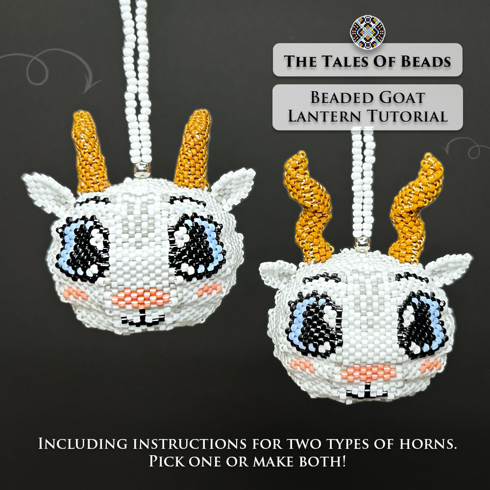 Two beaded goat ornaments with different horns pictured of plain black background