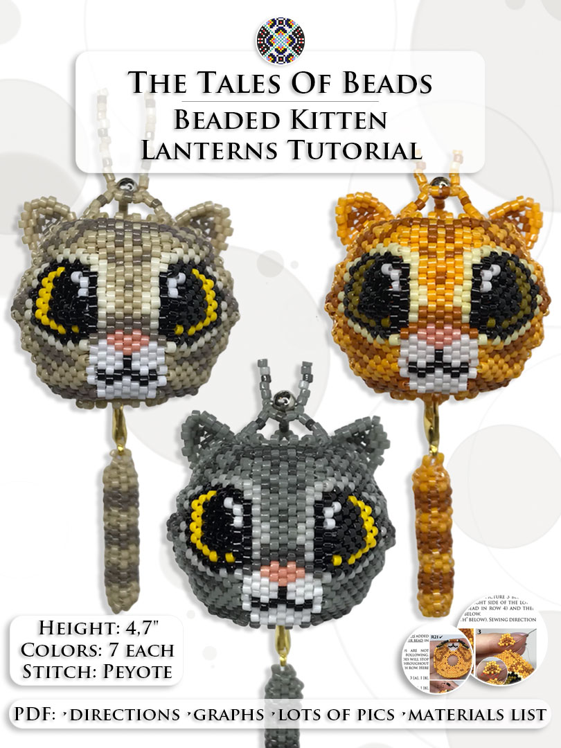 A collage image of finished DIY cat ornaments made out of seed beads and beading tutorial extracts