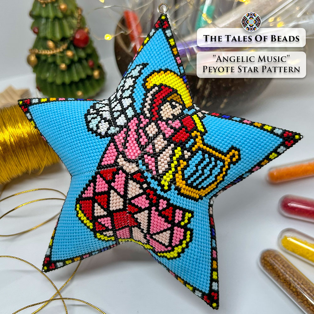 Beaded star ornament featuring an angel with materials