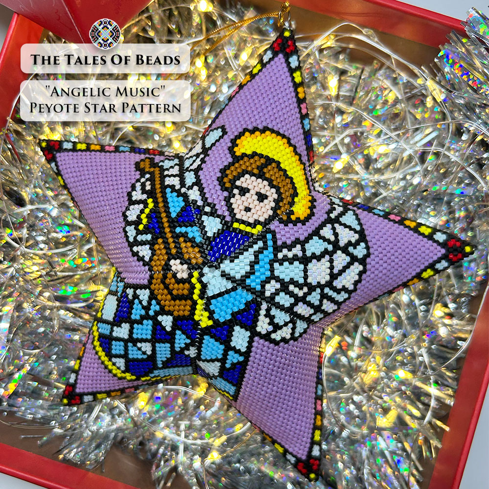 Lute-playing angel featured on a handmade beaded star in a gift box