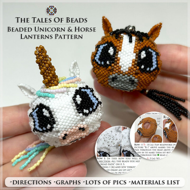 beaded-unicorn-tutorial Beaded Horse and Unicorn figures held in hands to show size scale with bead tutorial extracts