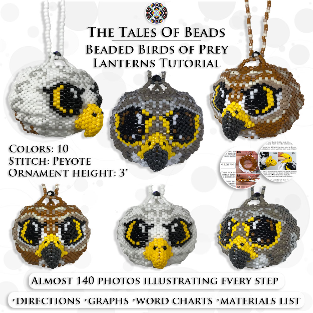 A collage image showing different sides of the beaded birds of prey ornaments and PDF tutorial extracts