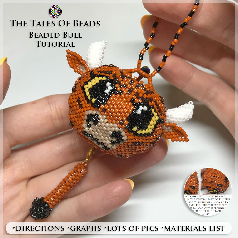 Beaded Ox figure held in hand to show size scale with bead tutorial extracts
