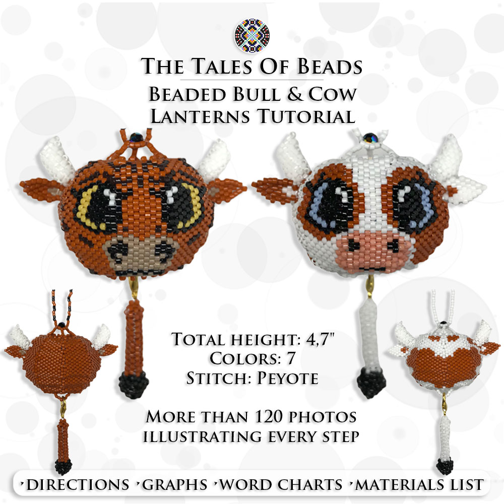 A collage image showing different sides of the beaded cow and bull ornament and PDF tutorial details