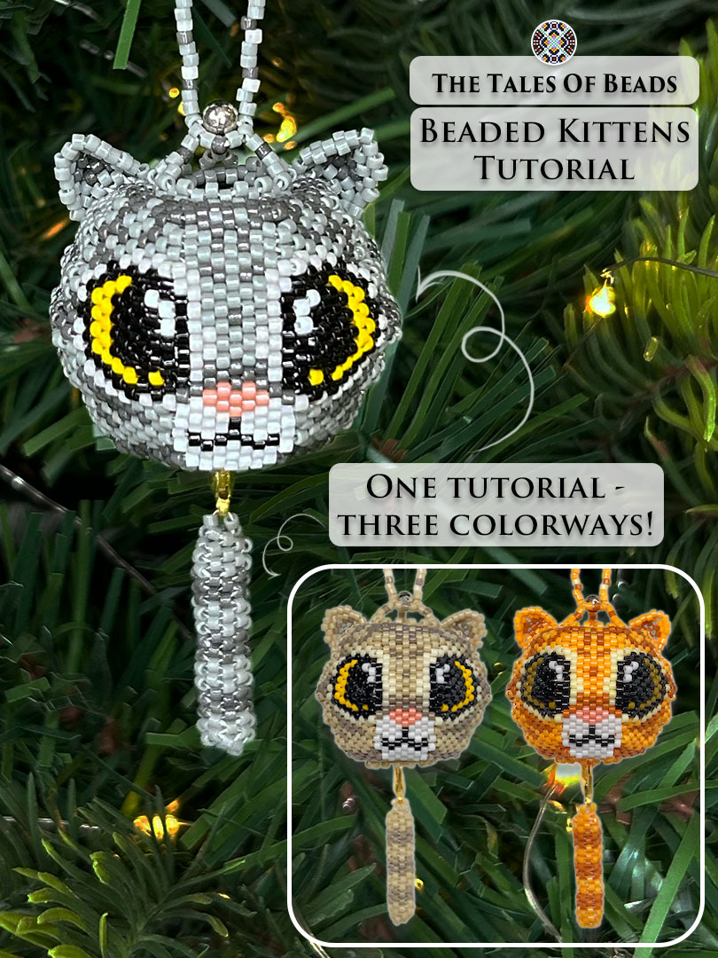 Three beaded kitten designs side by side on a Christmas tree
