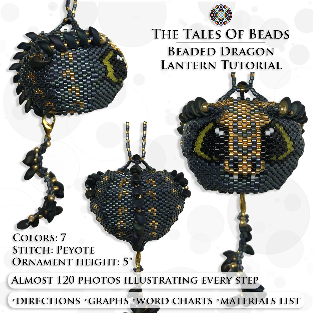A collage image showing different sides of the beaded dragon ornament and PDF tutorial details