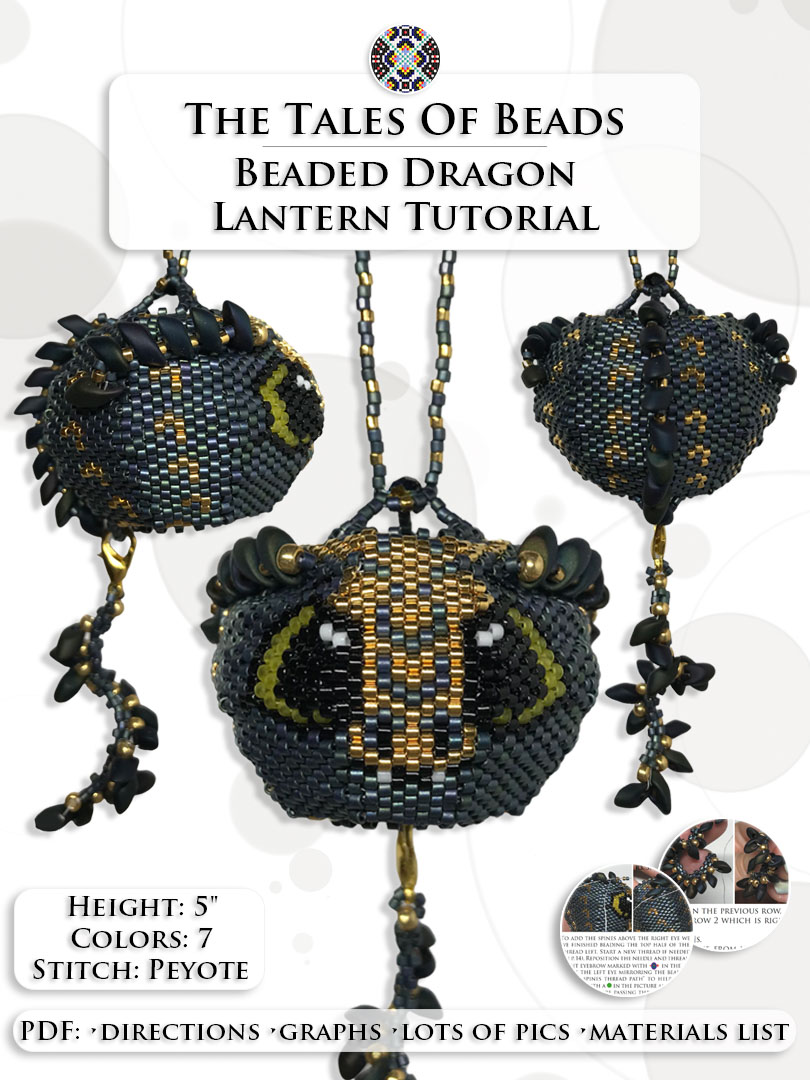 A collage image of finished DIY dragon ornament made out of seed beads and beading tutorial extracts