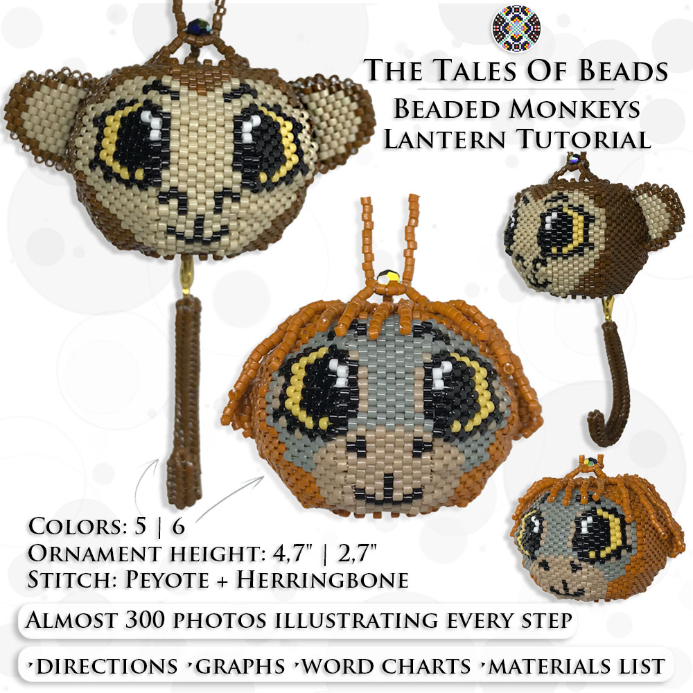 A collage image showing different sides of the beaded monkeys ornaments and PDF tutorial details