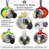 A collage image showing different sides of seed bead parrots ornaments and PDF tutorial extracts
