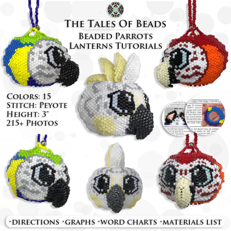 parrots-bead-patterns A collage image showing different sides of seed bead parrots ornaments and PDF tutorial extracts