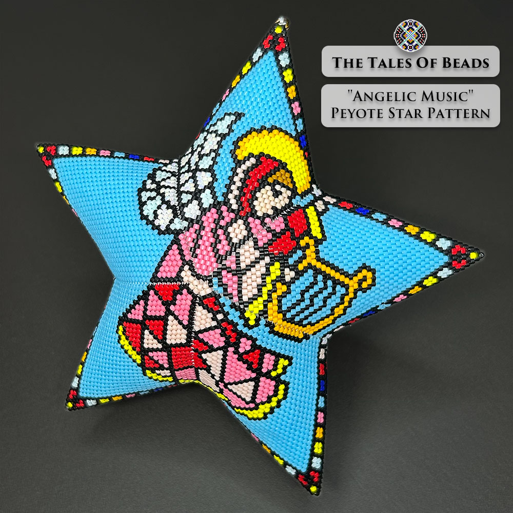 Angel beaded star ornament shown on black background