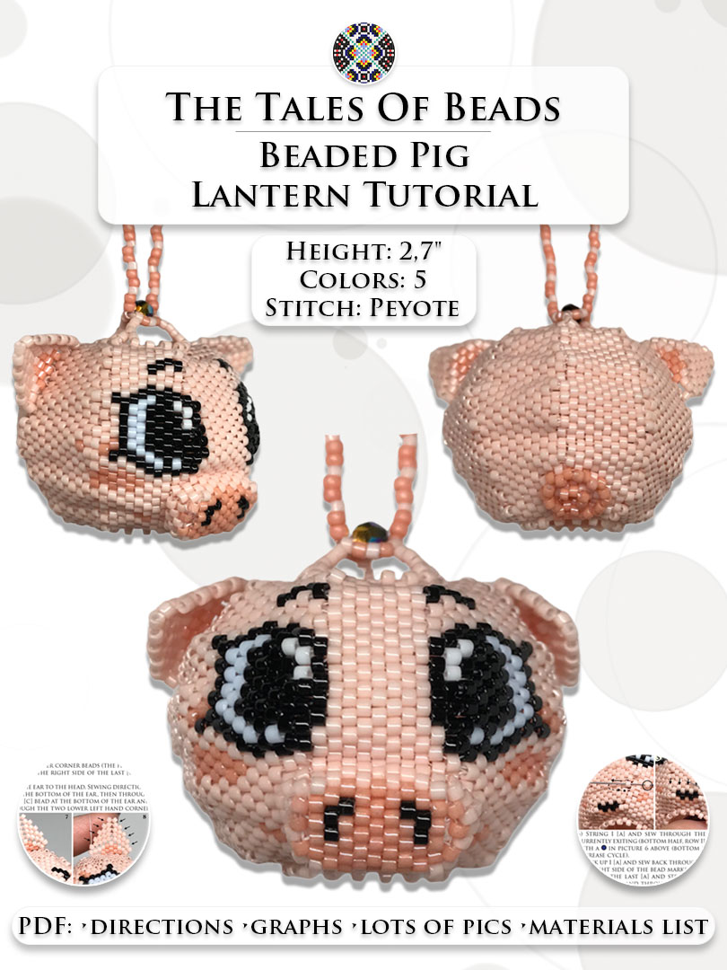 A collage image of finished DIY pig ornament made out of seed beads and beading tutorial extracts