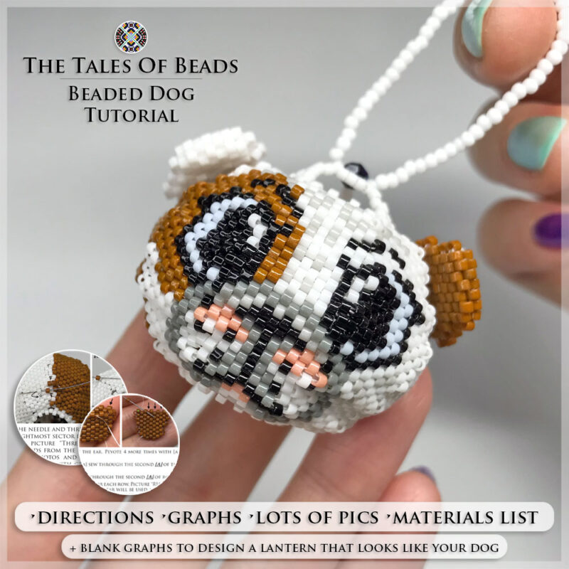 Beaded Dog figure held in hand to show size scale with bead tutorial extracts