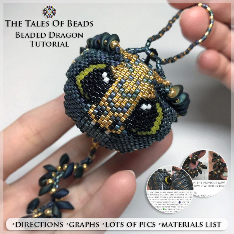 Beaded Dragon figure held in hand to show size scale with bead tutorial extracts