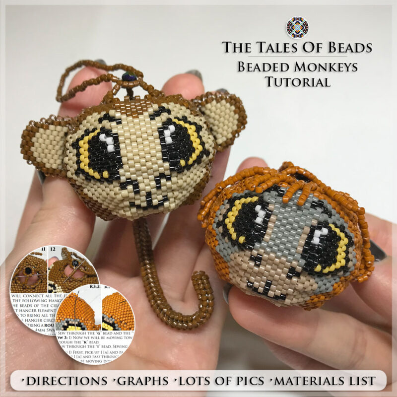 Beaded Monkeys figures held in hand to show size scale with bead tutorial extracts