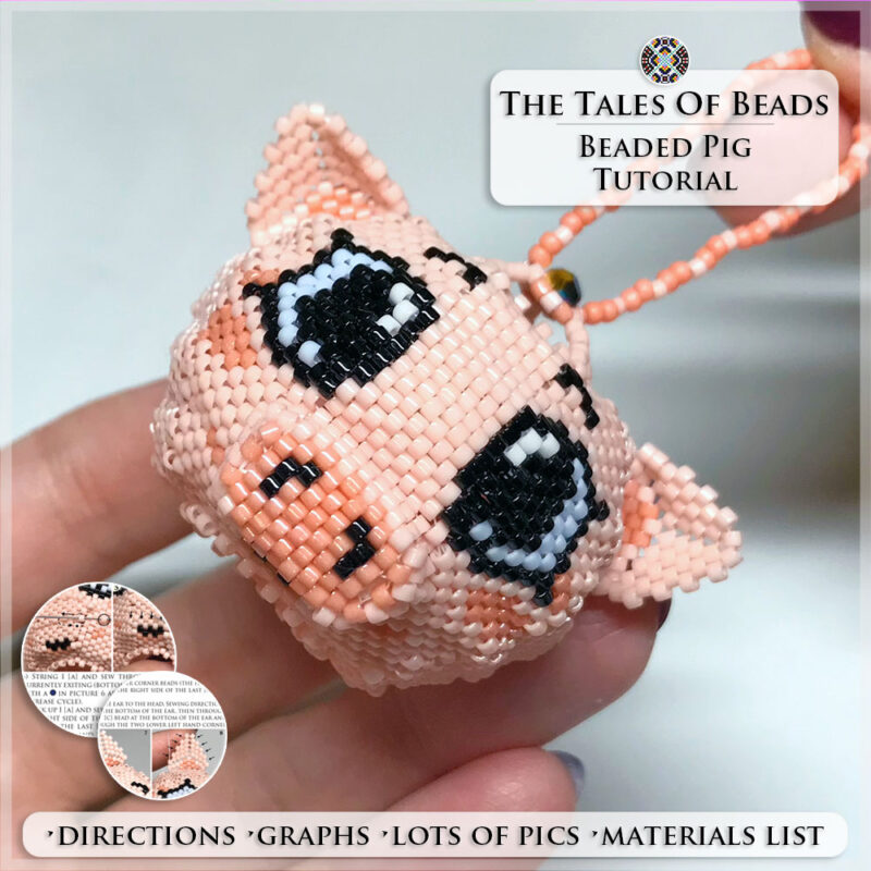 Beaded Pig figure held in hand to show size scale with bead tutorial extracts