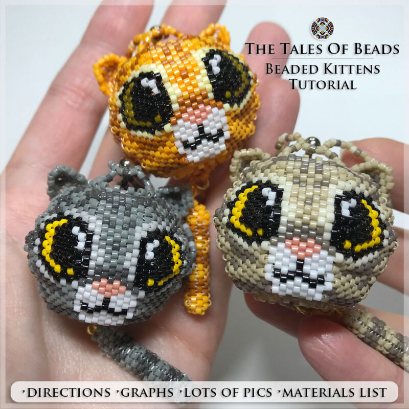 seed-bead-сat-pattern A picture of three Beaded Kittens held in hand to show size scale