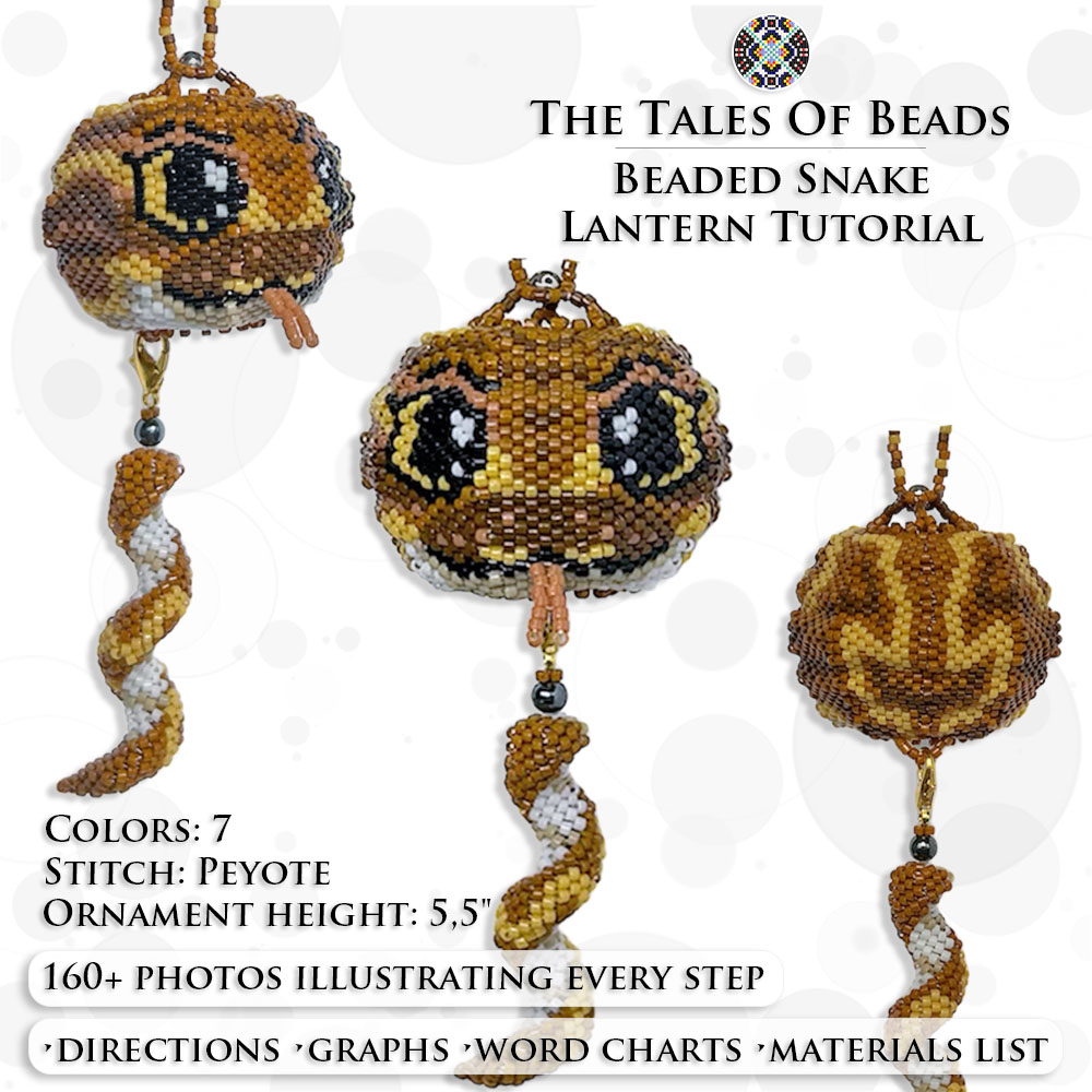 A collage image showing different sides of the beaded snake ornament and PDF tutorial details