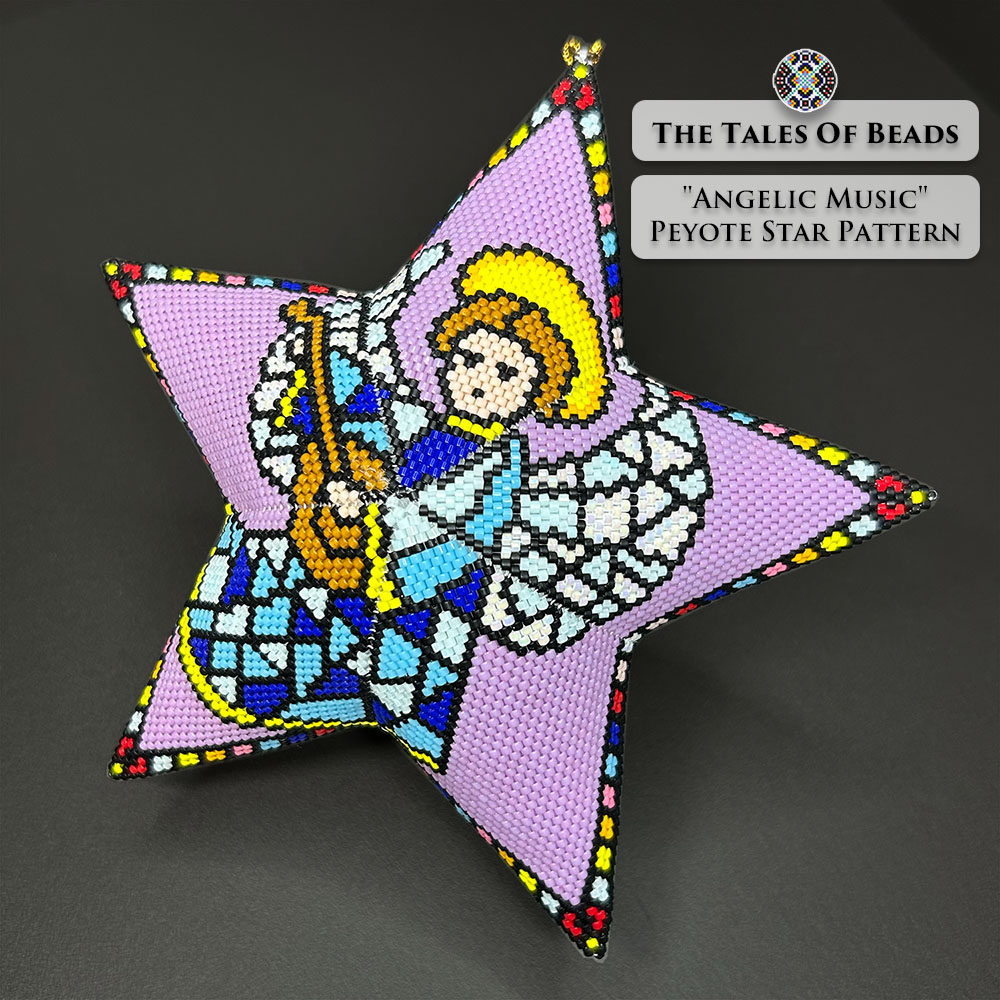 Angel beaded star ornament shown on black background