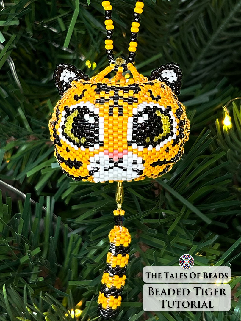 Vertical image of a seed bead tiger used as year of the tiger ornament