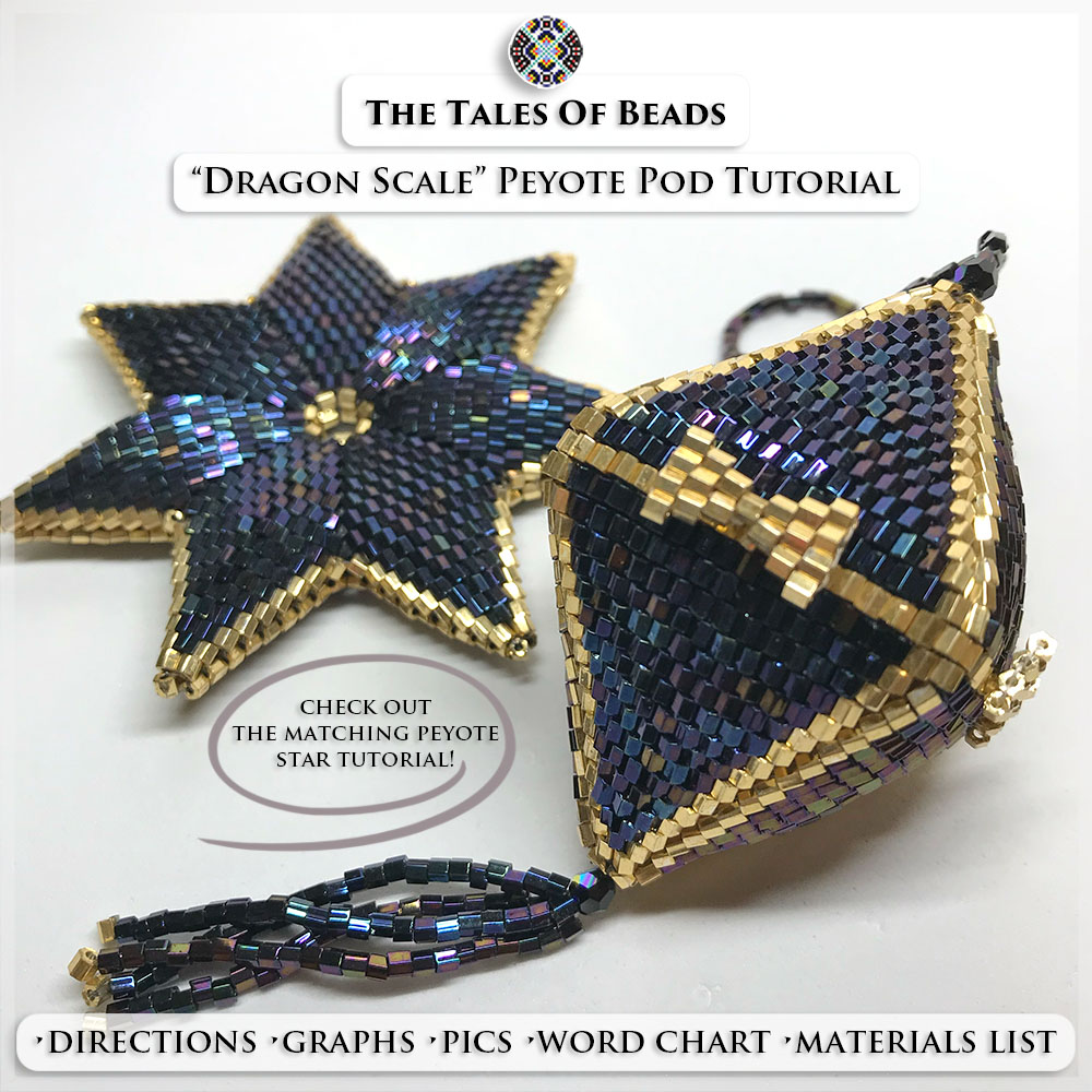 A set of a beaded star with seven points and a matching peyote pod made with Toho Hexagon beads on white background