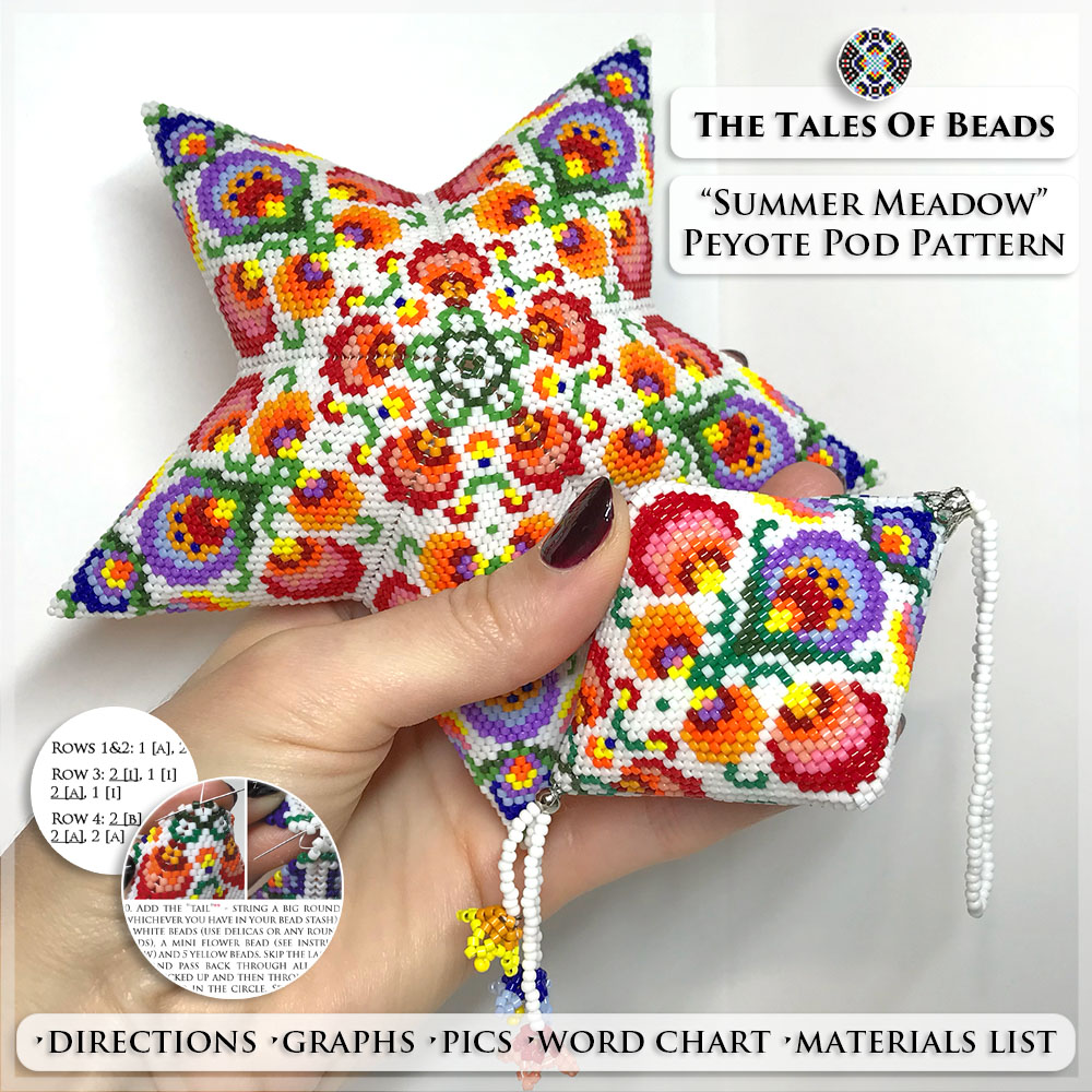 A set of folk art inspired peyote star and a matching beaded pod held in hand on white background