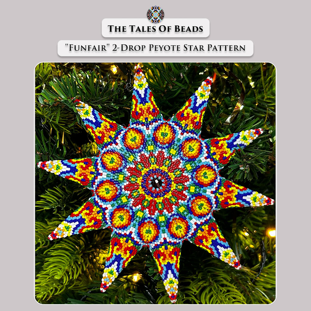 A finished Funfair 2-Drop Peyote Star displayed on Christmas tree