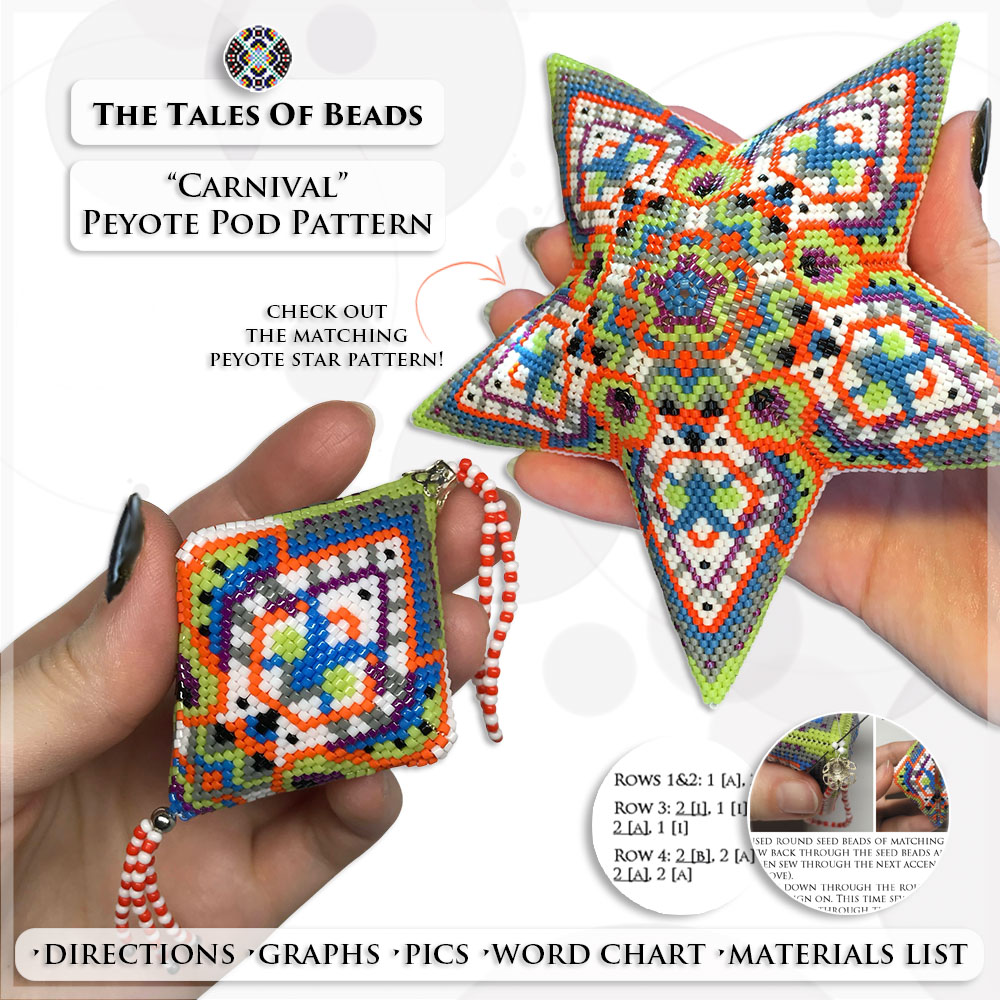 A set of a beaded star and a matching peyote pod in shades of white, orange and green held in hands